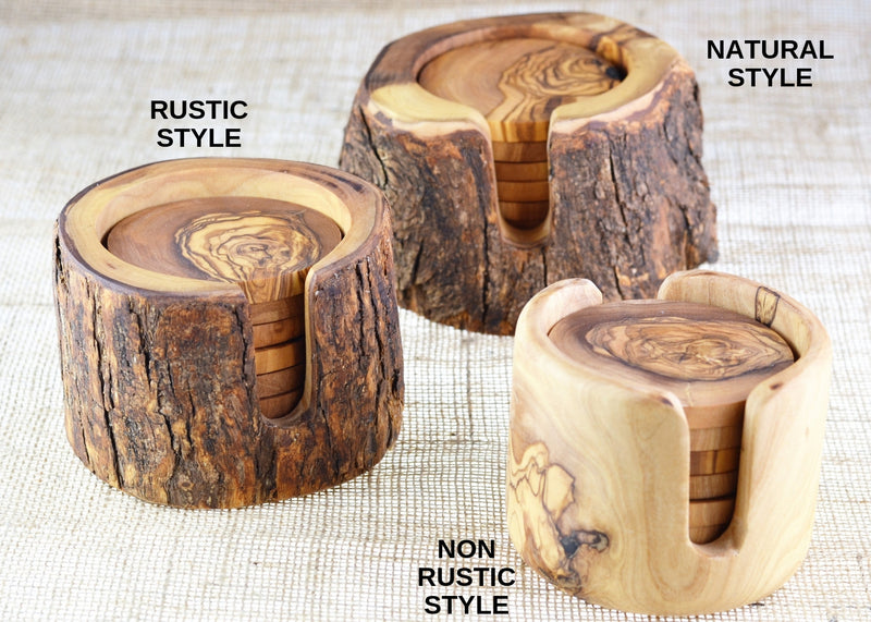 Olive Wood Table Coasters in a Non Rustic Holder - Set of 6 - Handmade  Wooden Cabin Decor Coaster Set for Home 