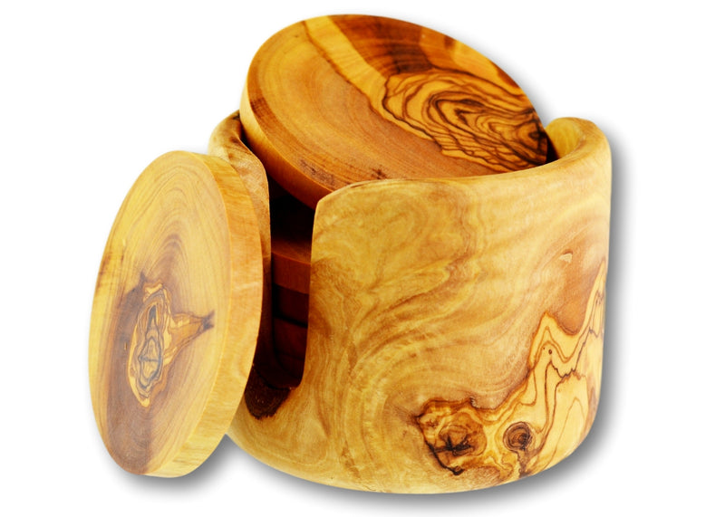 Olive Wood Coasters in a Non Rustic Holder, 6-pcs Set Wooden