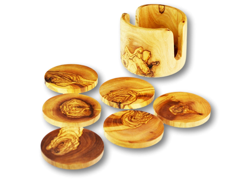Hand Carved Coaster Set of 6 and Holder/Handmade from Olive Wood: Round  Coaster